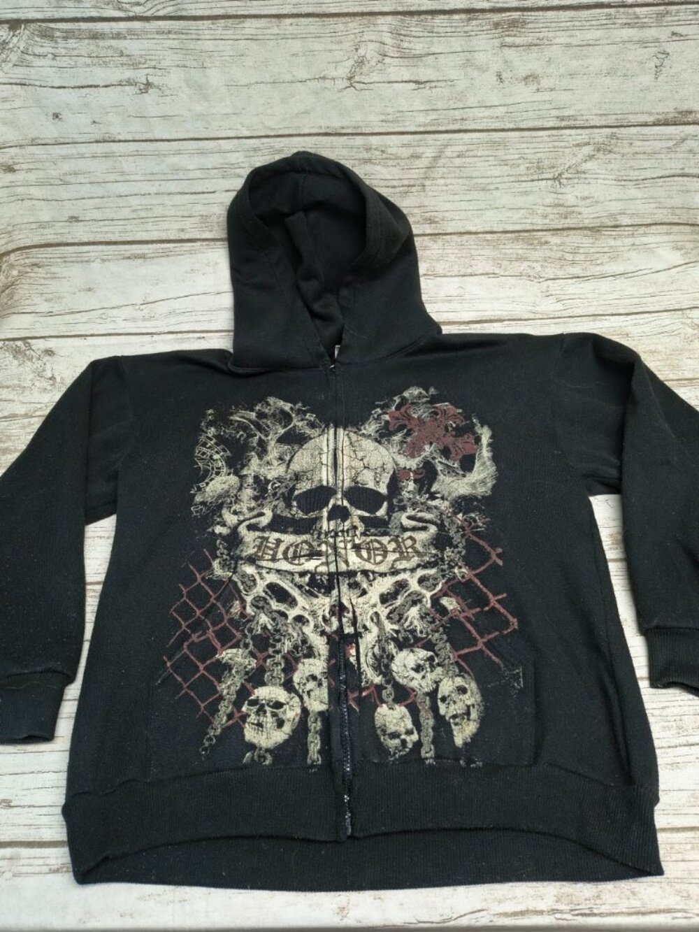 Vintage Hill Heavy Weight Made in USA Black Skull Y2K Zip Hoodie Size XL